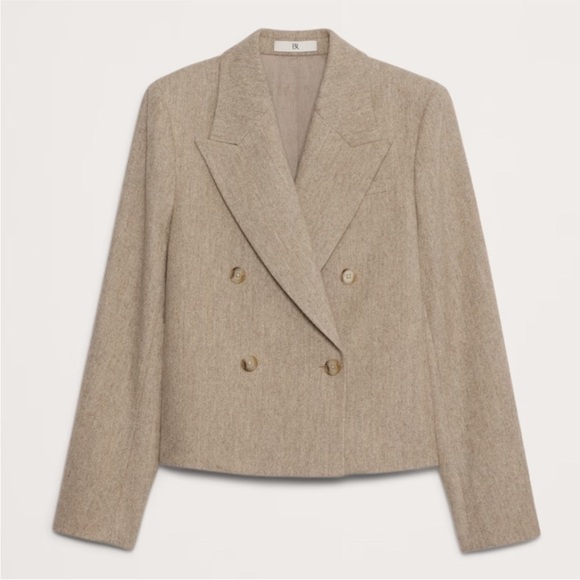 Banana Republic Taupe Herringbone Wool Flannel Crop Blazer Size 16 NWOT - Picture 2 of 11